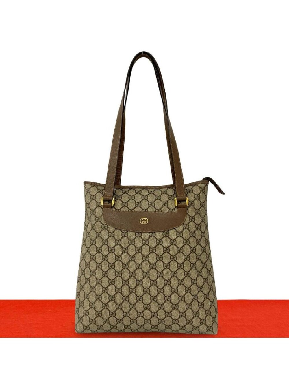 Gucci Vintage GG Logo Pattern Leather Tote Shoulder Bag Brown